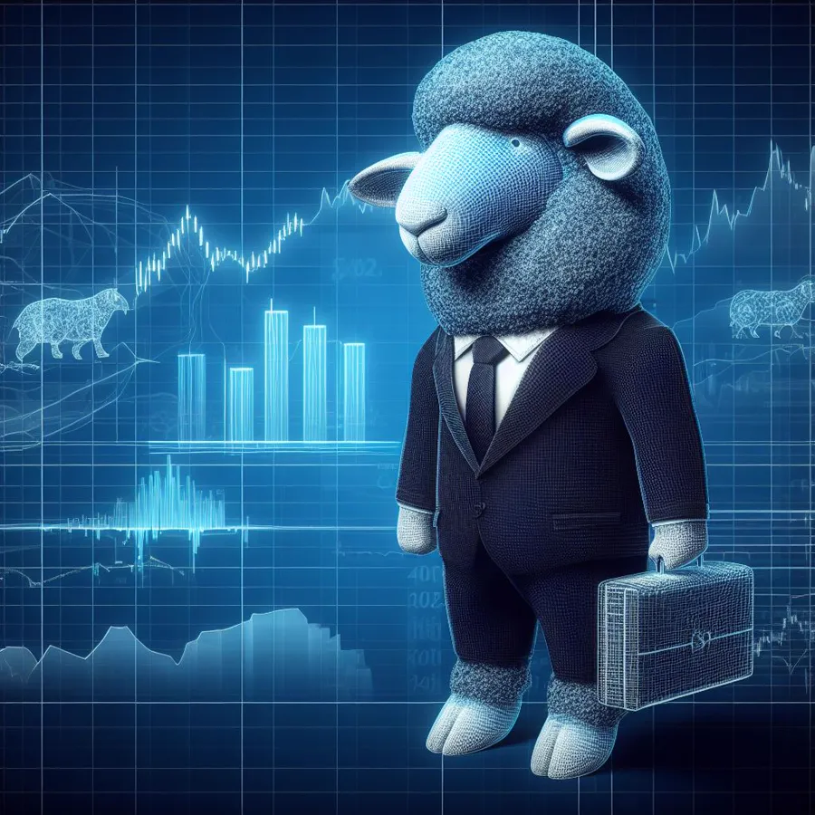 A sheep in a business suit holding a briefcase in front of stock charts