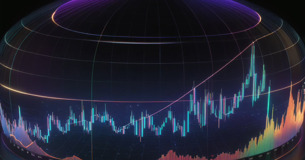 A rising chart projected over a dome-shaped grid