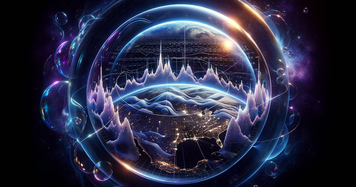 A globe inside a glass sphere surrounded by rising data lines