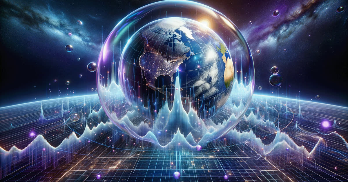 A glowing globe inside a glass sphere above rising data lines