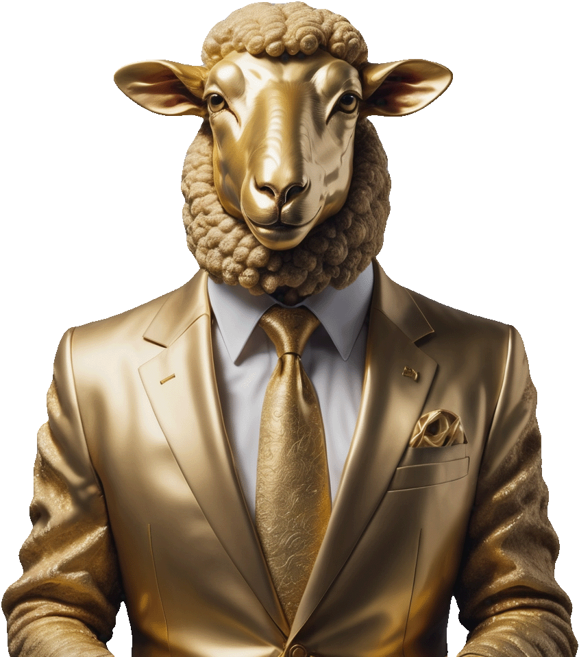 A picture of a sheep in a gold suit