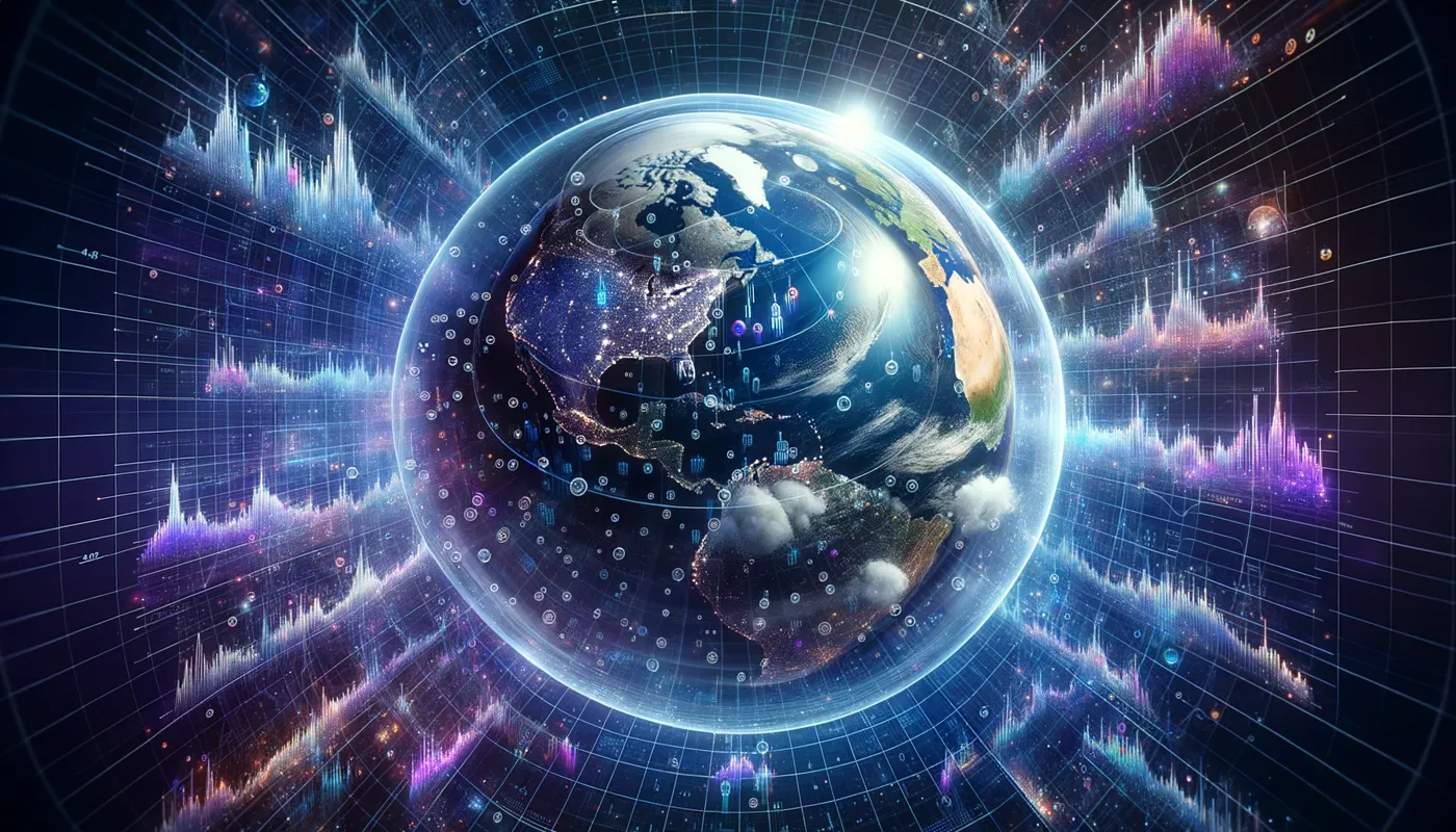 A globe surrounded by data points and grid lines